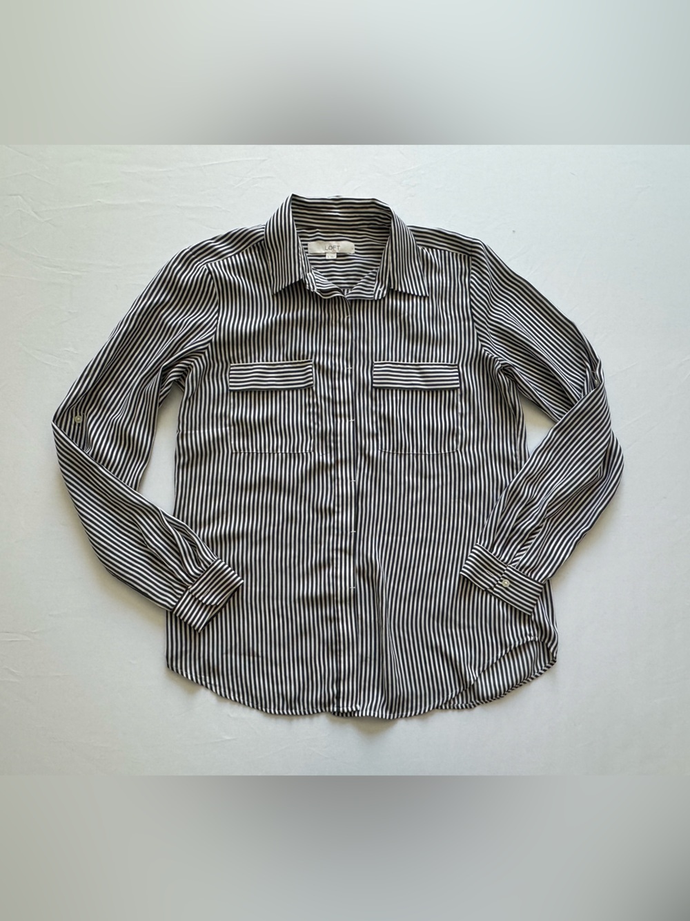 LOFT Utility Blouse Gray White Stripe Roll Tab Sleeve S